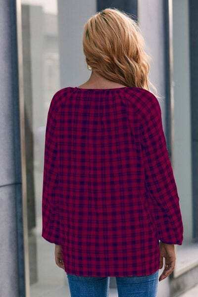 Plaid Tie Neck Balloon Sleeve Blouse - Trendsi - Flyclothing LLC