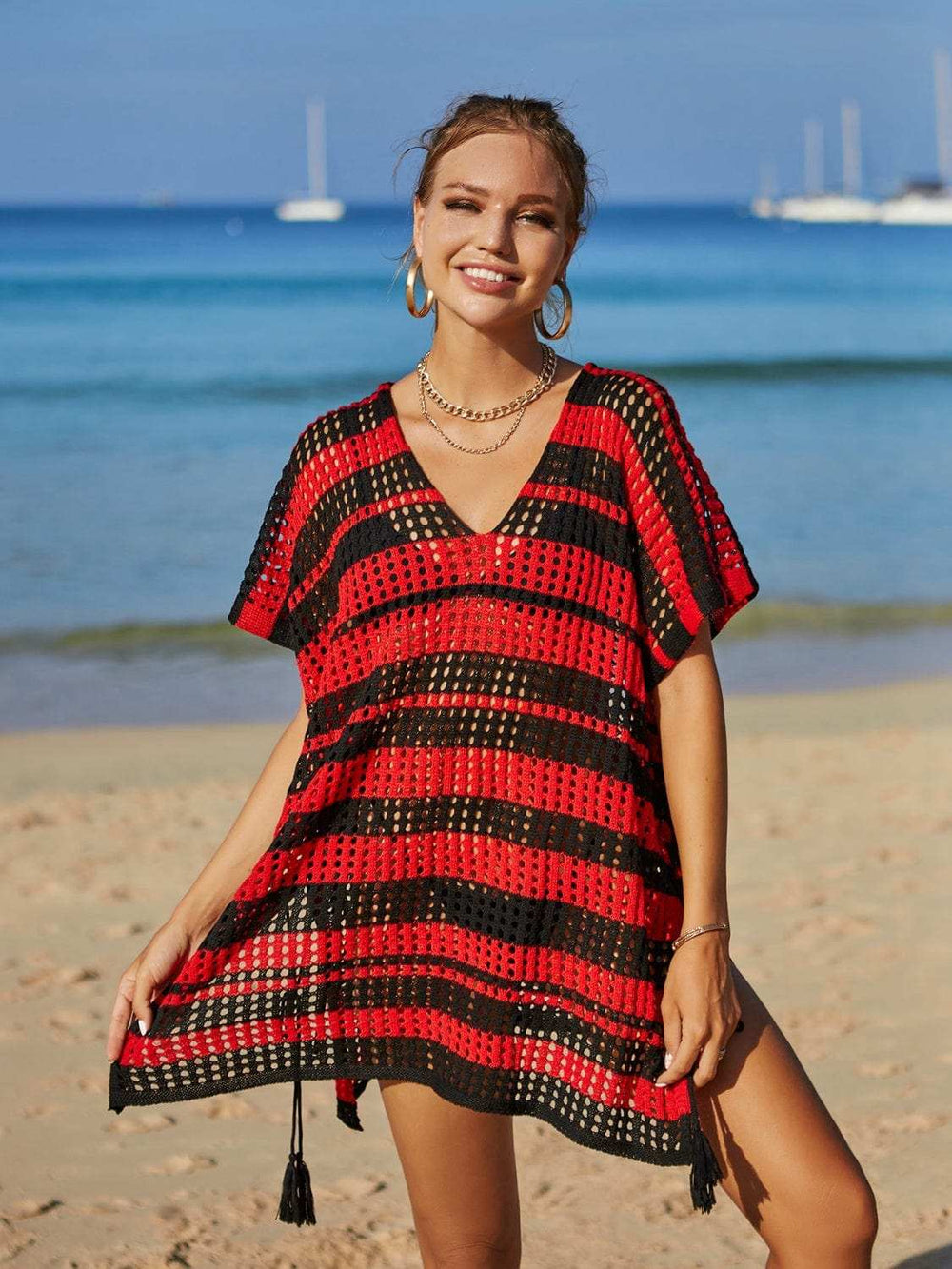 Tassel Openwork Striped V-Neck Cover Up - Trendsi - Flyclothing LLC
