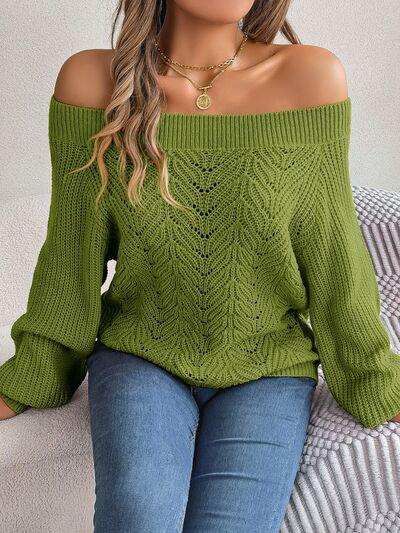 Openwork Off-Shoulder Long Sleeve Sweater - Trendsi - Flyclothing LLC