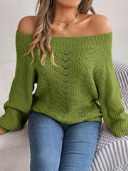 Openwork Off-Shoulder Long Sleeve Sweater - Trendsi