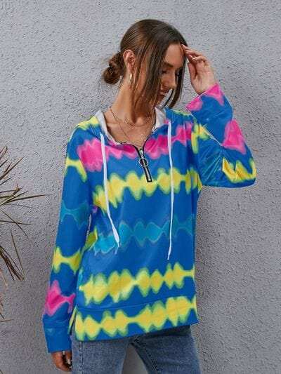 Contrast Quarter Zip Dropped Shoulder Hoodie - Trendsi - Flyclothing LLC