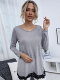 Spliced Lace Contrast Round Neck Top - Trendsi