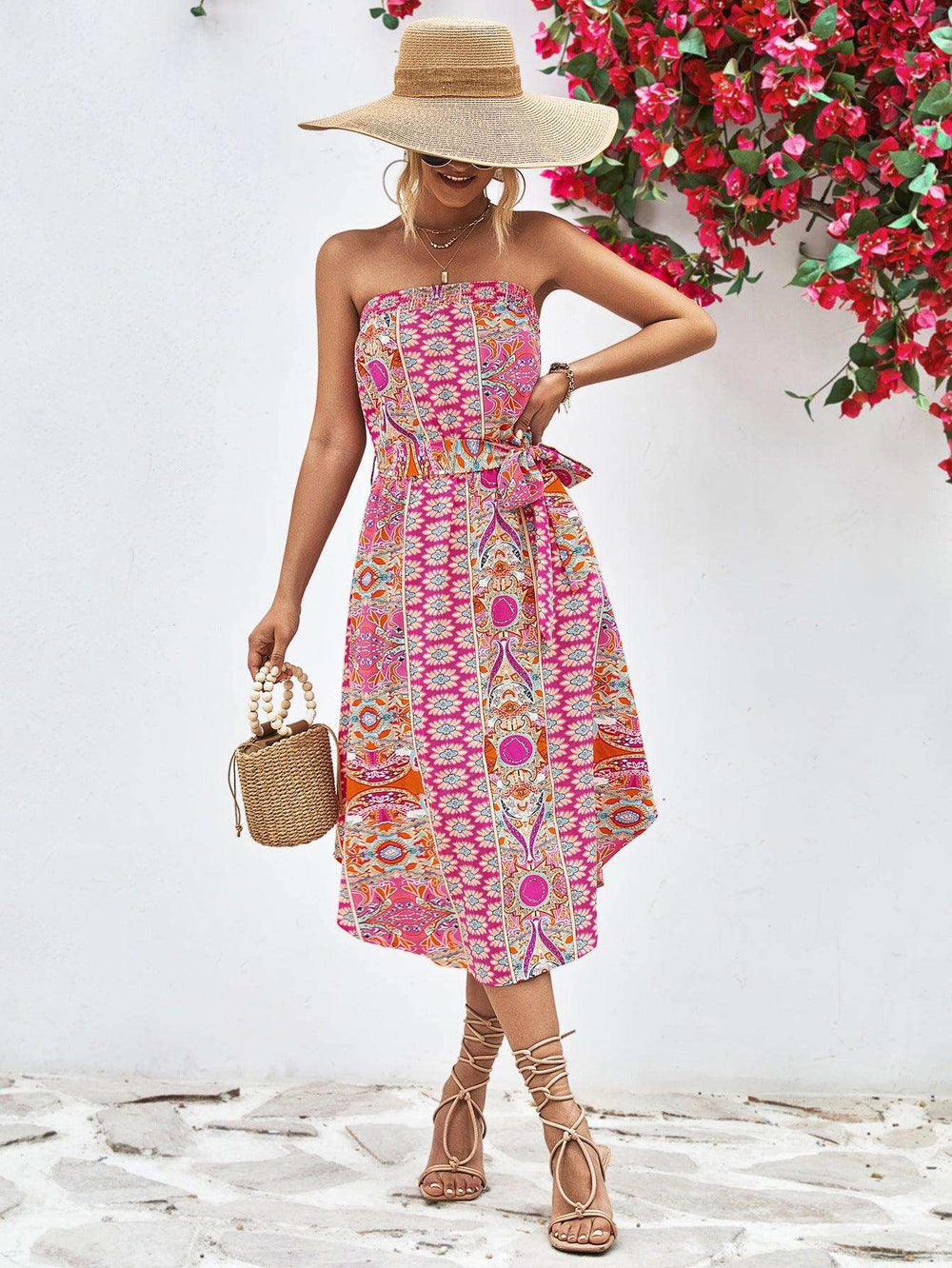 Printed Strapless Tie Belt Dress - Trendsi - Flyclothing LLC