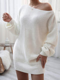 Rib-Knit Balloon Sleeve Boat Neck Sweater Dress - Trendsi
