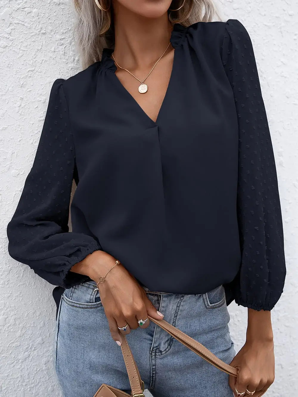 Swiss Dot Frill Trim Puff Sleeve Blouse - Trendsi - Flyclothing LLC