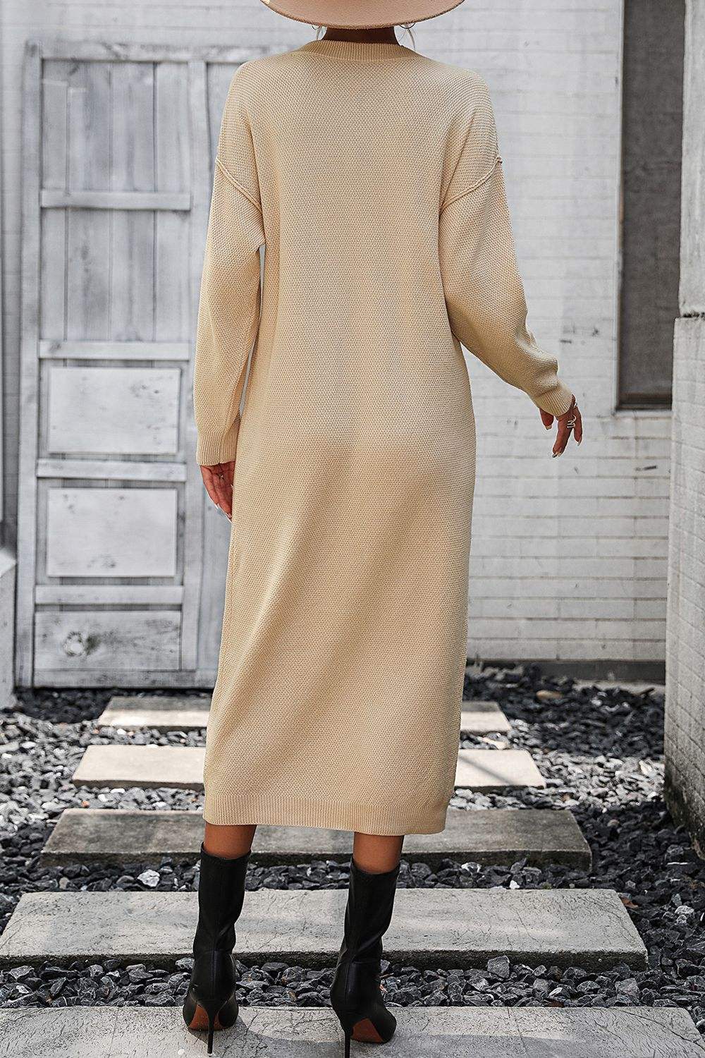 Notched Neck Dropped Shoulder Button-Down Midi Dress - Trendsi - Flyclothing LLC