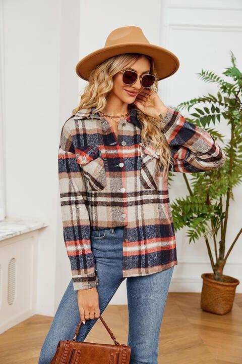Collared Plaid Shacket - Trendsi - Flyclothing LLC