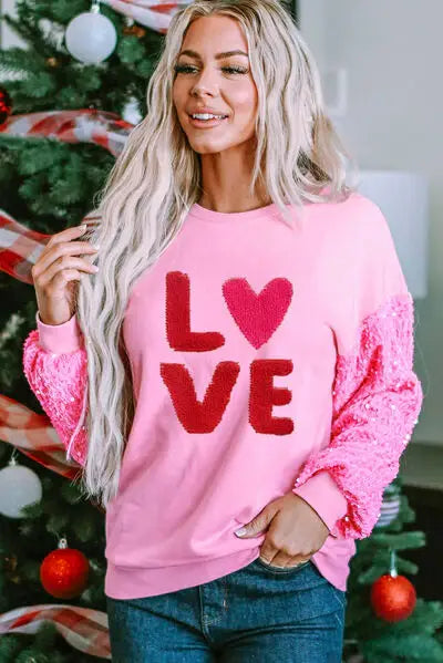 LOVE Sequin Dropped Shoulder Sweatshirt - Trendsi - Flyclothing LLC