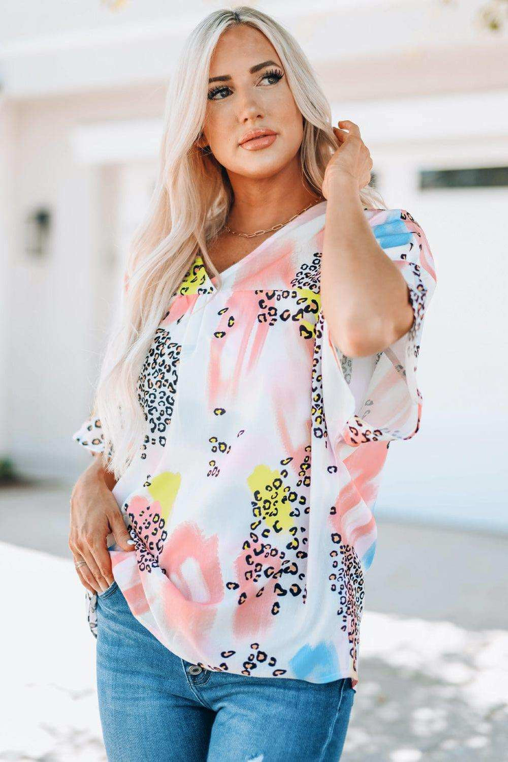 Mixed Print V-Neck Half Sleeve Top - Trendsi - Flyclothing LLC