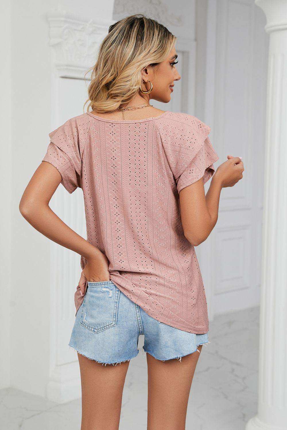 Eyelet Layered Flutter Sleeve V-Neck Knit Top - Trendsi - Flyclothing LLC