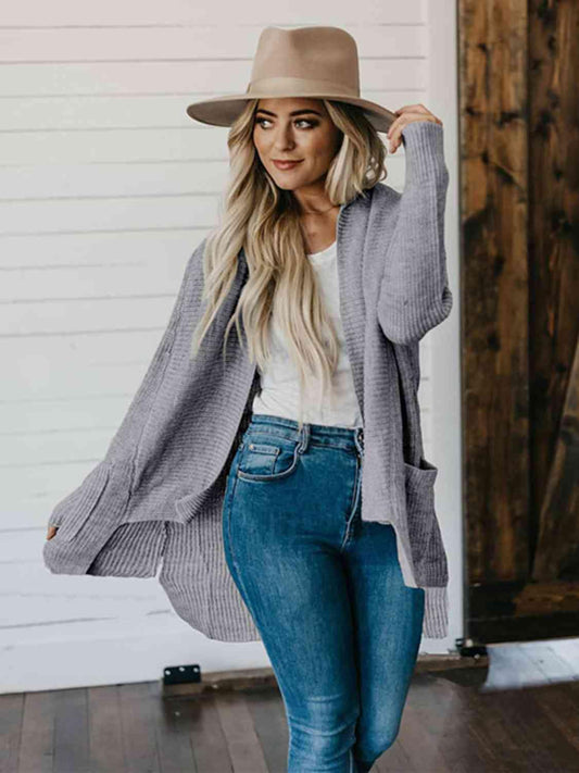 High-Low Open Front Cardigan with Pockets - Trendsi