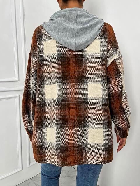 Plaid Drawstring Hooded Jacket - Trendsi