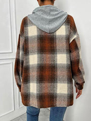 Plaid Drawstring Hooded Jacket - Trendsi