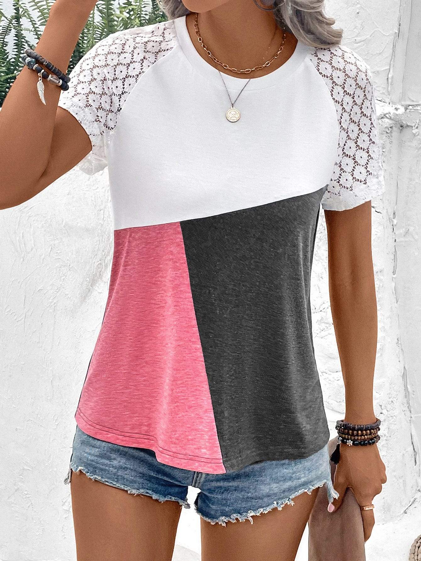 Color Block Raglan Sleeve Round Neck Tee - Trendsi - Flyclothing LLC