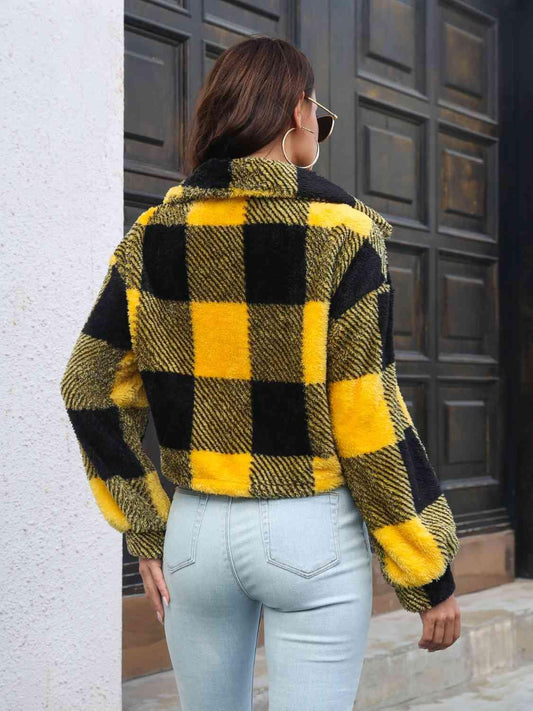 Plaid Dropped Shoulder Buttoned Jacket - Trendsi