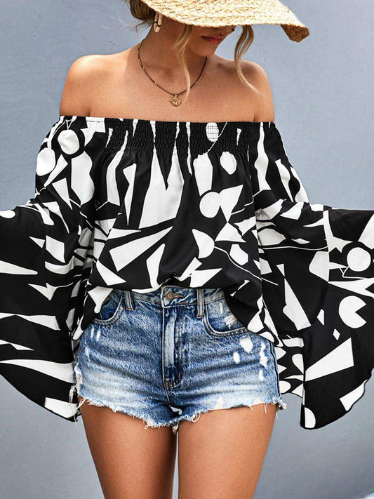 Printed Off-Shoulder Bell Sleeve Blouse - Trendsi - Flyclothing LLC