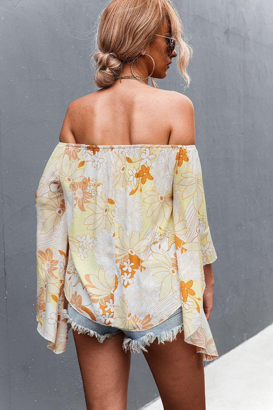 Floral Bell Sleeve Off-Shoulder Blouse - Trendsi