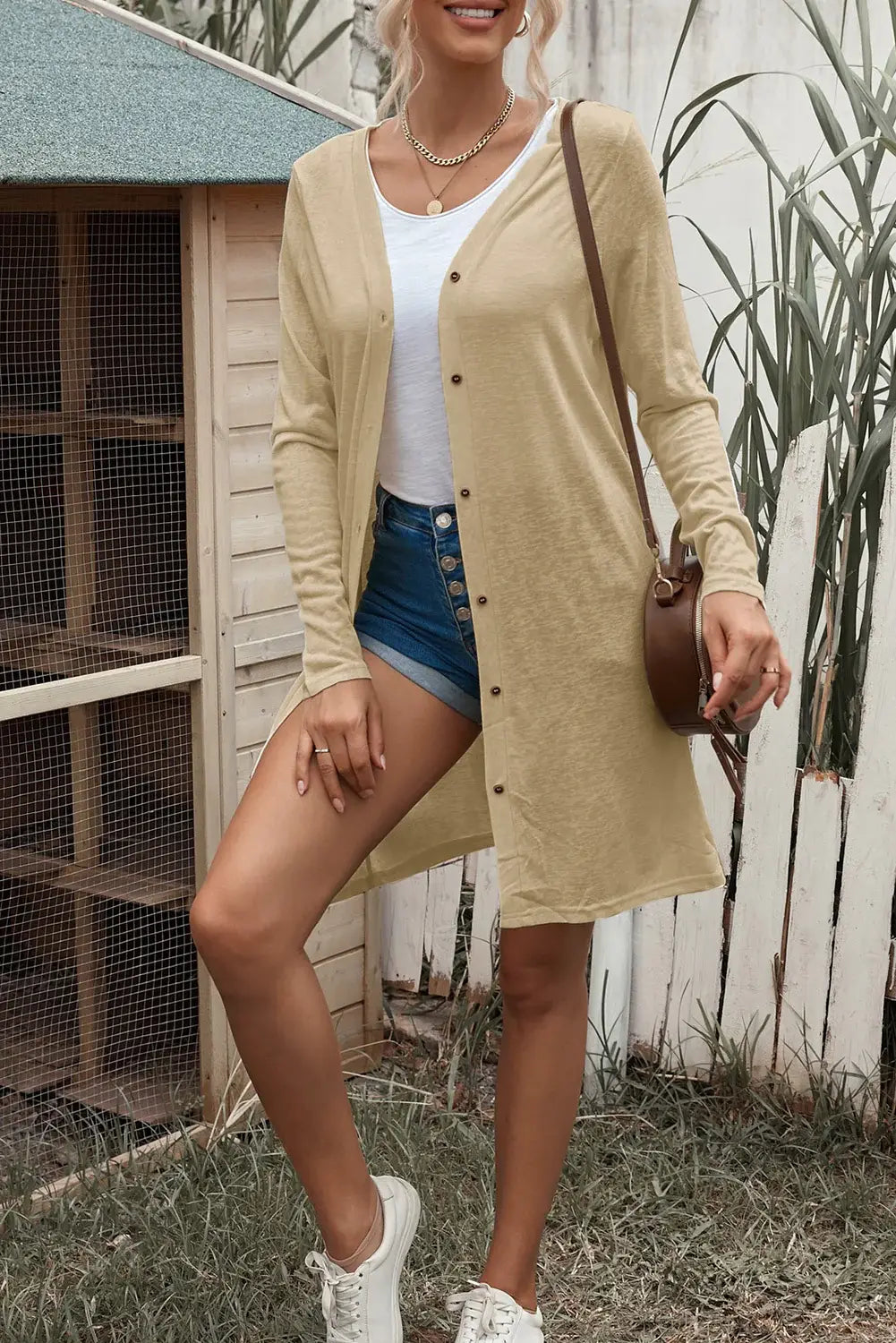 Button Down Long Sleeve Longline Cardigan - Trendsi - Flyclothing LLC