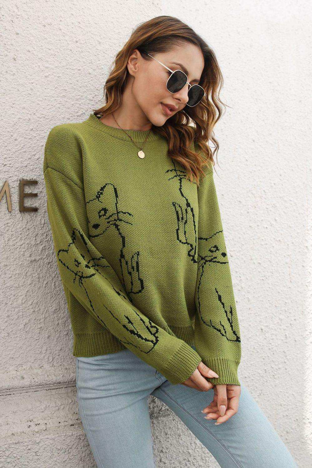 Cat Pattern Round Neck Long Sleeve Pullover Sweater - Trendsi - Flyclothing LLC