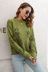 Cat Pattern Round Neck Long Sleeve Pullover Sweater - Trendsi