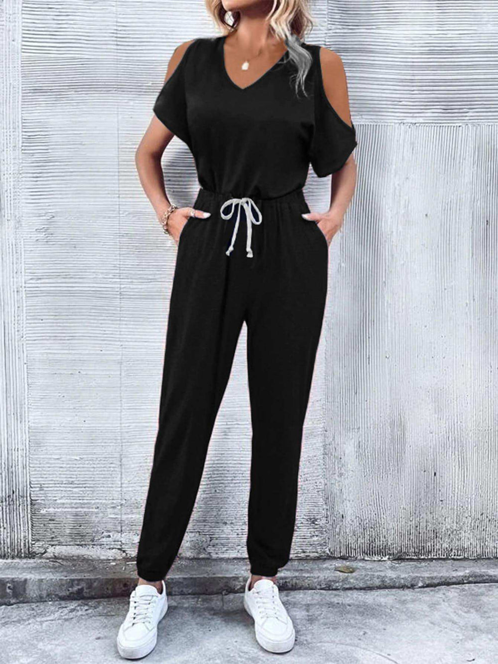 V-Neck Cold-Shoulder Jumpsuit with Pockets - Trendsi - Flyclothing LLC