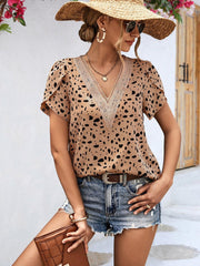 Animal Print V-Neck Petal Sleeve Blouse - Trendsi
