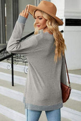Slit V-Neck Long Sleeve T-Shirt - Trendsi - Flyclothing LLC