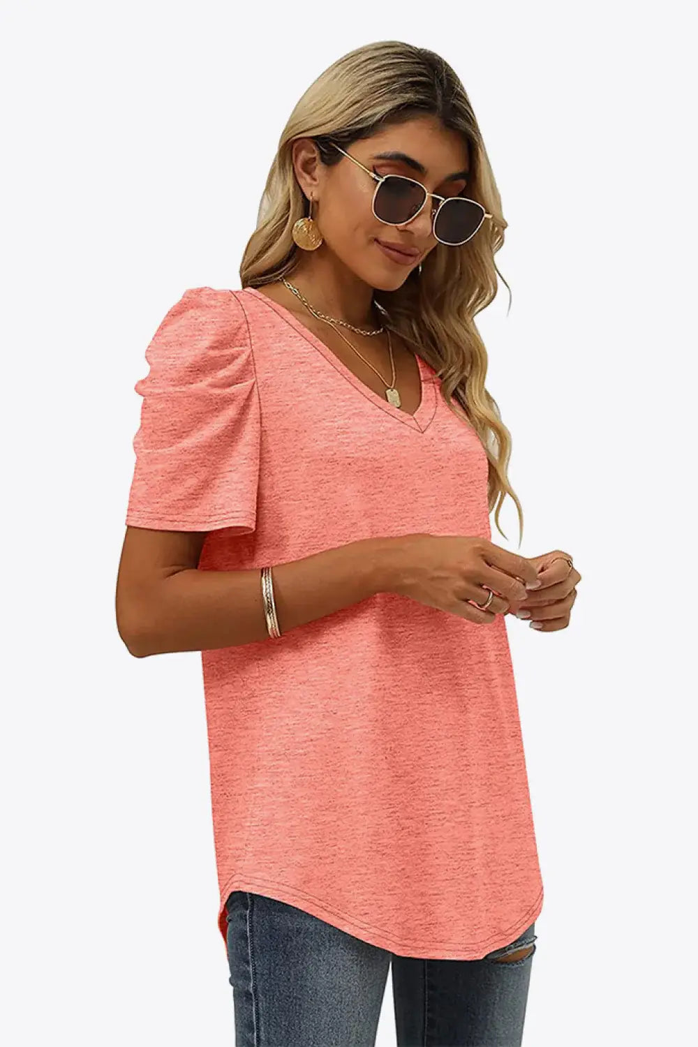 V-Neck Puff Sleeve Tee - Trendsi - Flyclothing LLC