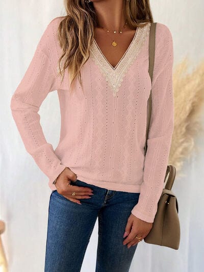 Eyelet V-Neck Dropped Shoulder T-Shirt - Trendsi