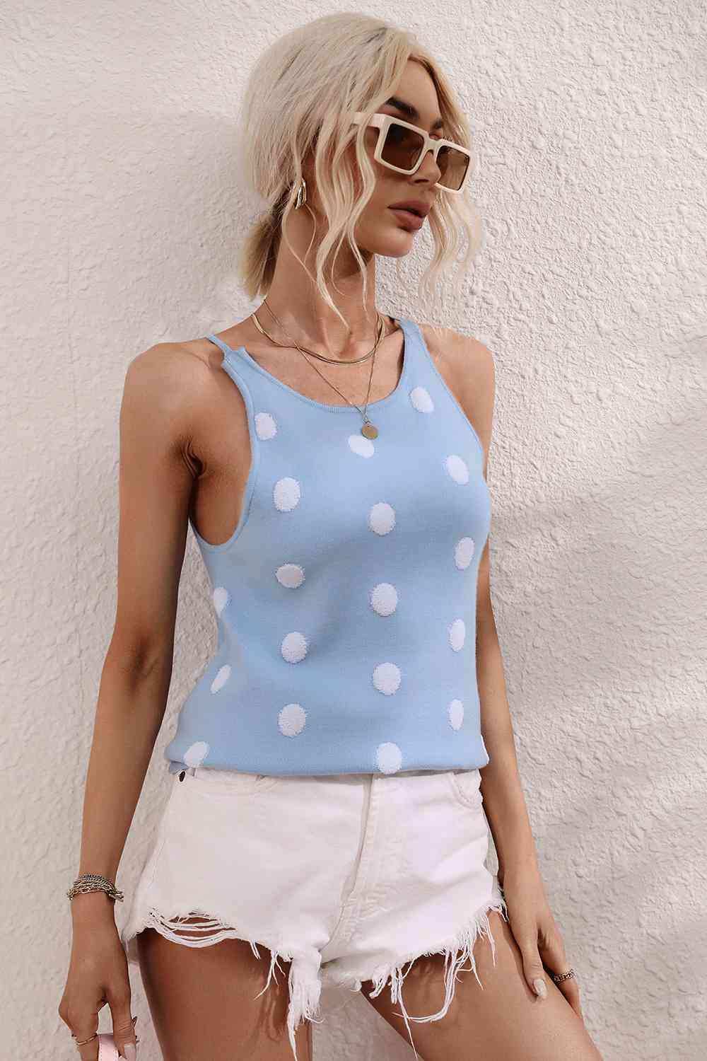 Polka Dot Round Neck Knit Tank - Trendsi - Flyclothing LLC