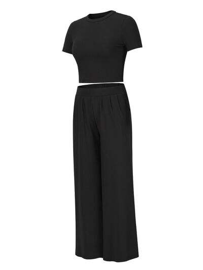 Round Neck Short Sleeve Top and Pocketed Pants Set - Trendsi - Flyclothing LLC