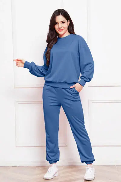 Round Neck Long Sleeve Sweatshirt and Pants Set - Trendsi - Flyclothing LLC