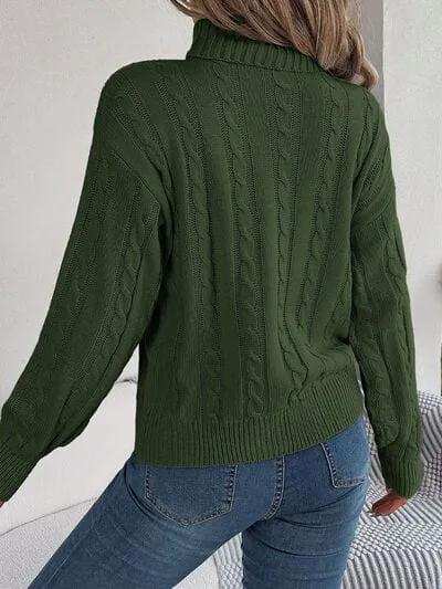 Cable-Knit Turtleneck Dropped Shoulder Sweater - Trendsi - Flyclothing LLC