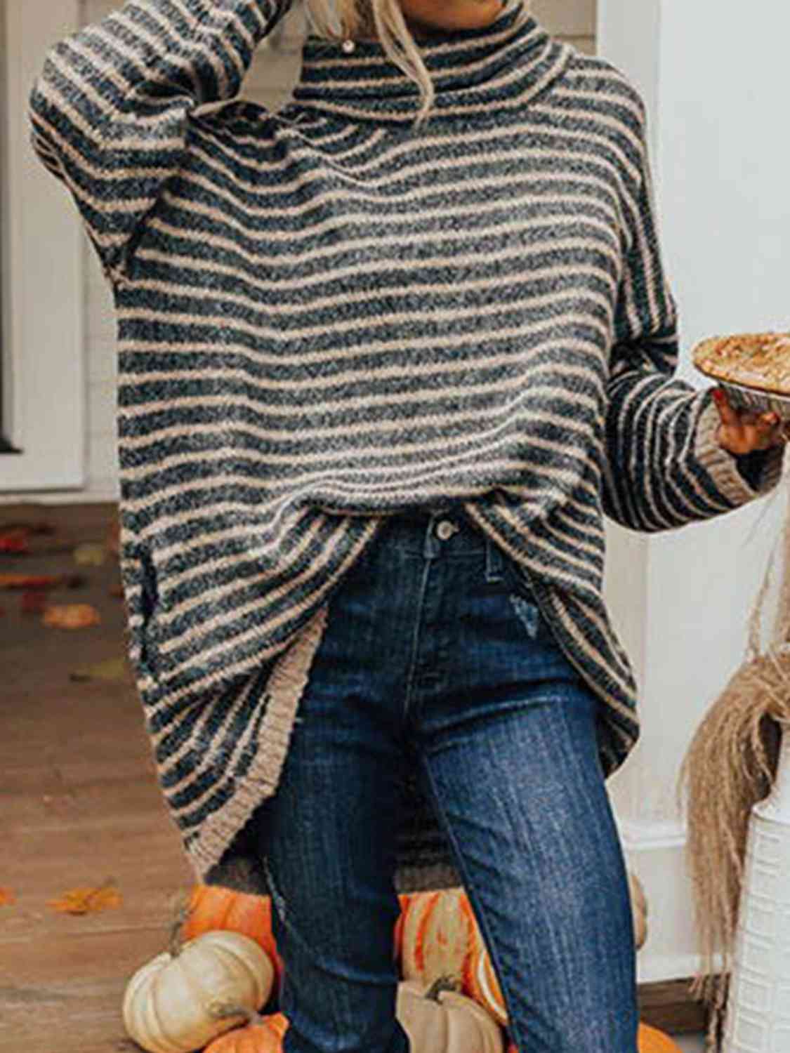 Striped Turtleneck Sweater with Pockets - Trendsi - Flyclothing LLC