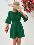 Round Neck Tie Belt Flounce Sleeve Dress - Trendsi - Flyclothing LLC