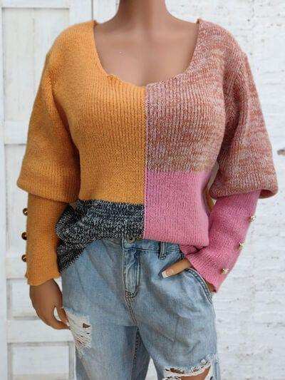 Color Block Decorative Button Long Sleeve Sweater - Trendsi - Flyclothing LLC