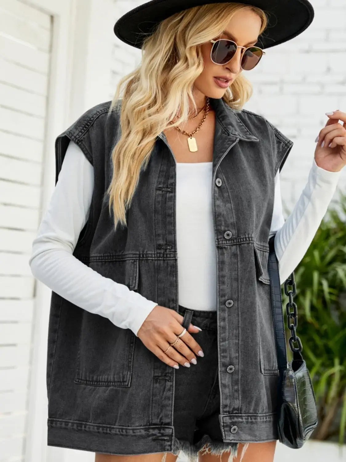 Collared Neck Sleeveless Denim Top with Pockets - Trendsi - Flyclothing LLC