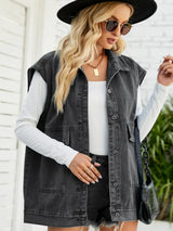 Collared Neck Sleeveless Denim Top with Pockets - Trendsi - Flyclothing LLC