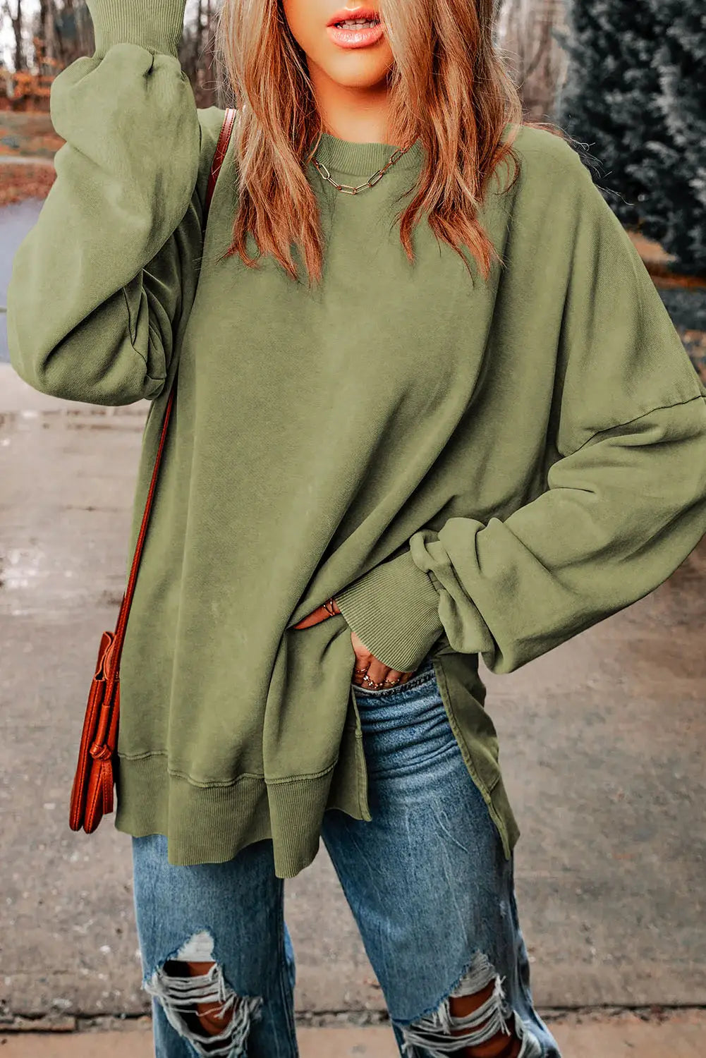 Dropped Shoulder Round Neck Long Sleeve Blouse - Trendsi - Flyclothing LLC
