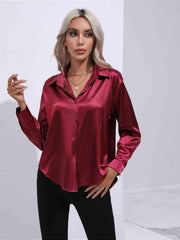 Collared Neck Buttoned Long Sleeve Shirt - Trendsi