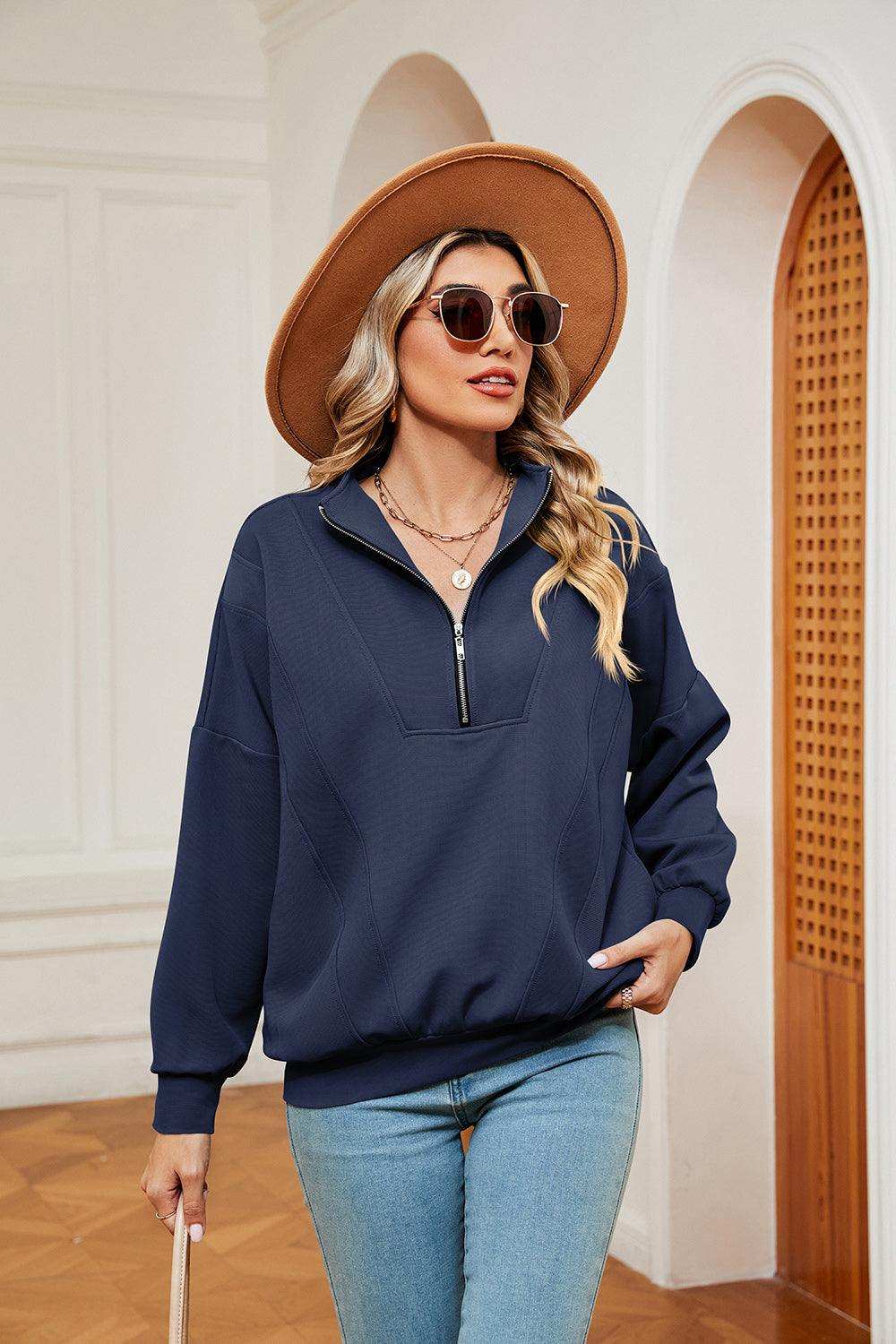 Half-Zip Dropped Shoulder Sweatshirt - Trendsi - Flyclothing LLC