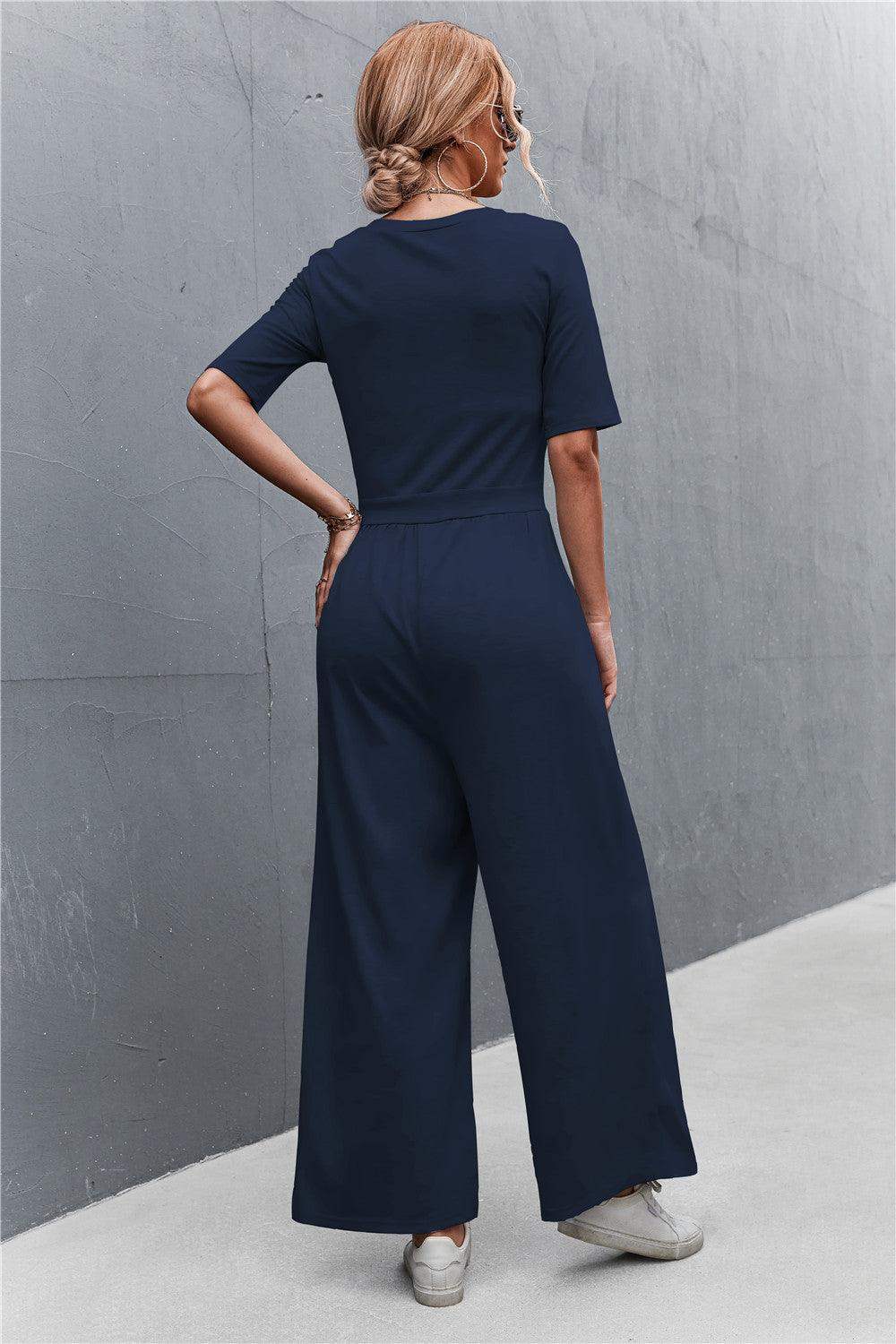 Scoop Neck Half Sleeve Wide Leg Jumpsuit - Trendsi - Flyclothing LLC