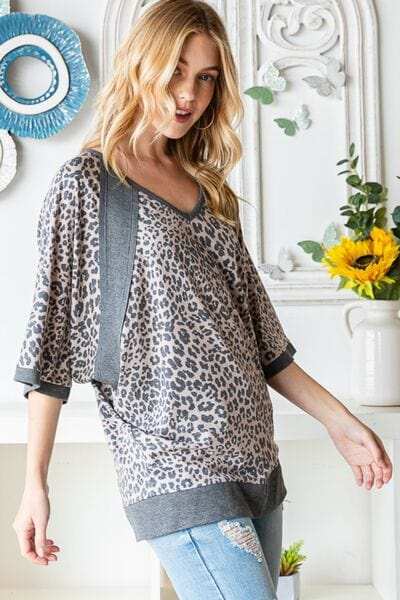 Heimish Full Size Leopard Contrast V-Neck Half Sleeve T-Shirt - Trendsi - Flyclothing LLC