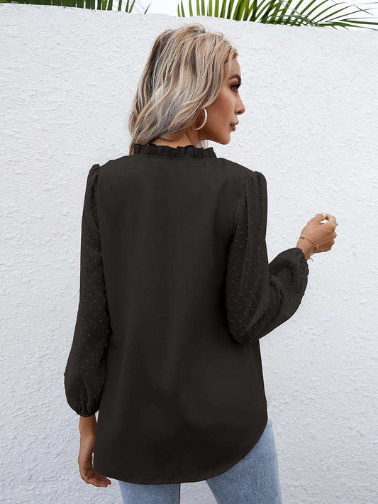 Swiss Dot Frill Trim Puff Sleeve Blouse - Trendsi - Flyclothing LLC