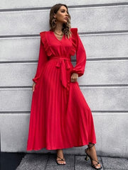 Pleated Surplice Tie Waist Maxi Dress - Trendsi