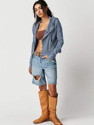 Waffle-Knit Dropped Shoulder Hooded Jacket - Trendsi - Flyclothing LLC