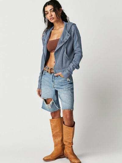 Waffle-Knit Dropped Shoulder Hooded Jacket - Trendsi - Flyclothing LLC