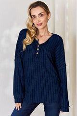 Basic Bae Full Size Ribbed Half Button Long Sleeve T-Shirt - Trendsi
