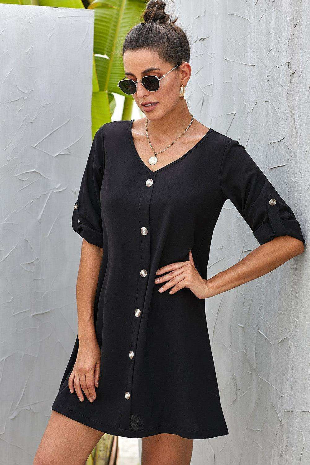Buttoned V-Neck Dress - Trendsi - Flyclothing LLC