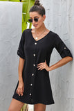Buttoned V-Neck Dress - Trendsi